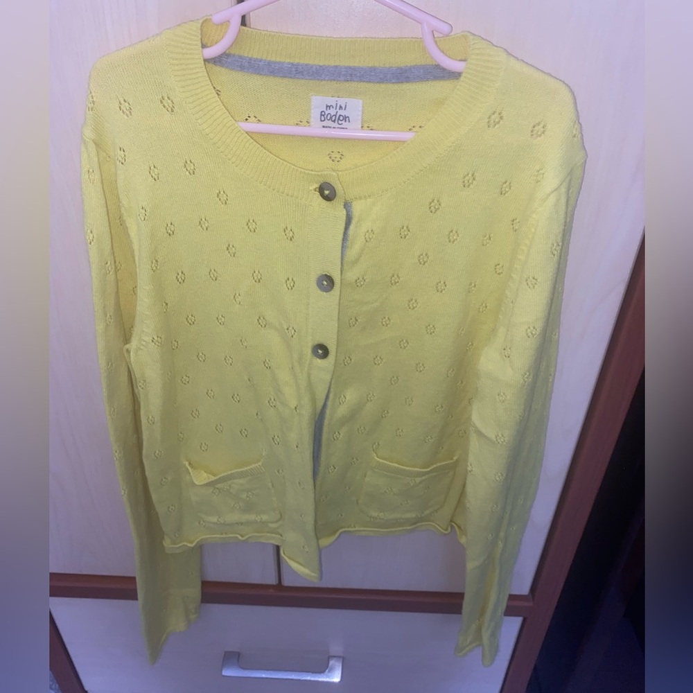 Mini Boden Girls Yellow Pointelle Cardigan Sweater Size 9-10